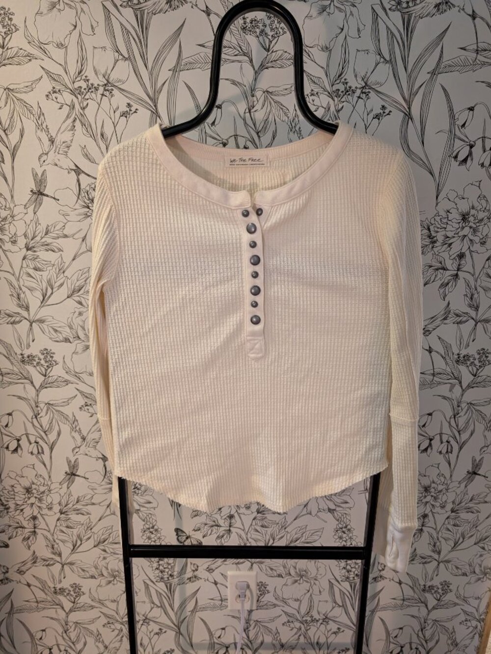 We The Free Free People Ivory Waffle Knit Snap Henley Thermal Top Medium